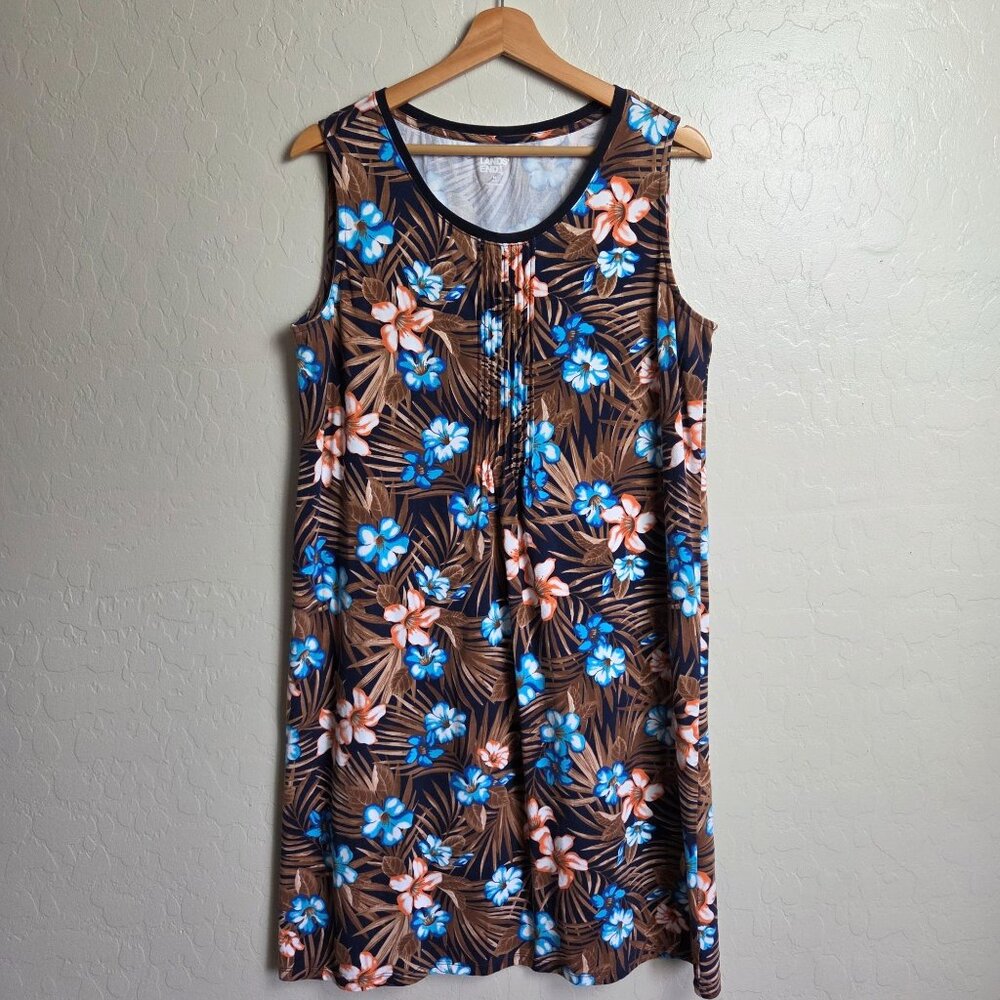 Lands' End Pleated Tropical Floral Sleeveless Dress Blue/Brown Sz Women's Medium